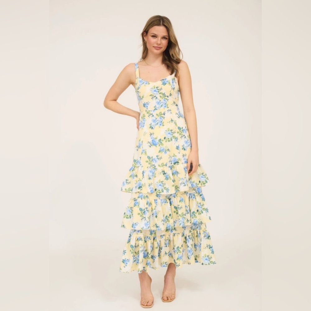 Yellow Floral Sleeveless Midi Dress